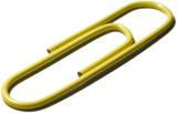 Close up view on a single yellow wire paperclip lying diagonally on a white background for organisation and stationery supplies