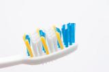 close up view of toothbrush bristles on white background